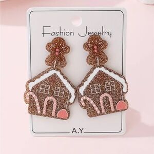 Gingerbread House Earrings, Brown and Pink, NEW